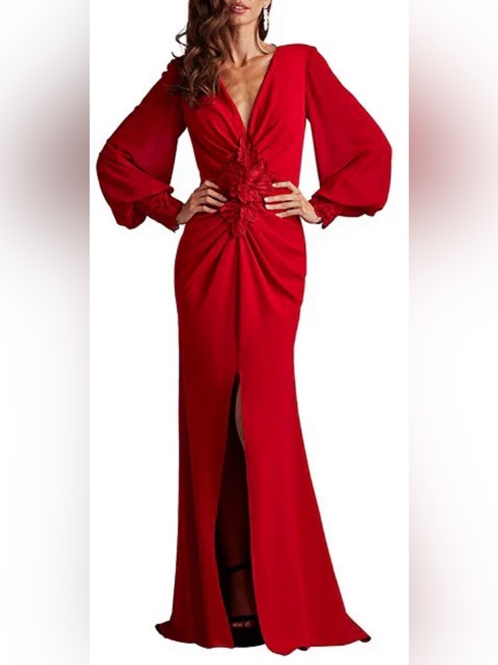 NEW TADASHI SHOJI Sahana Long Bishop Sleeve Plunge Red Gown Sz XL